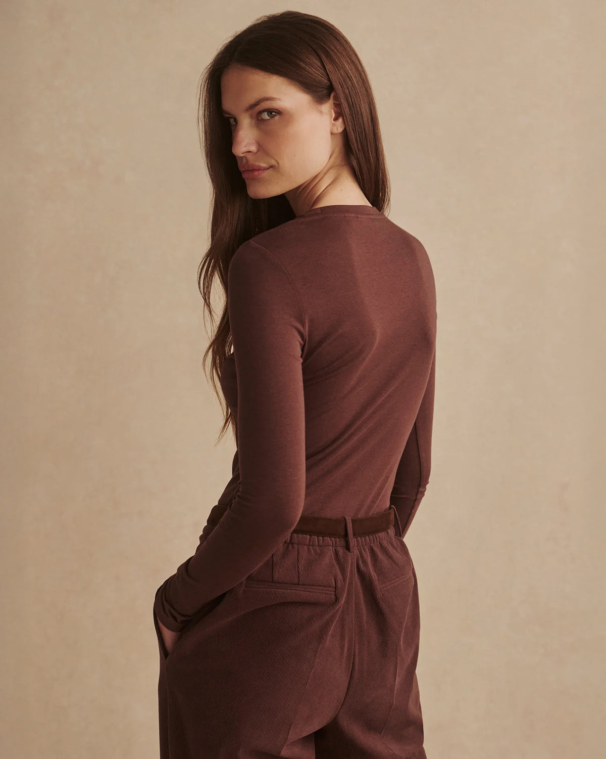 Edna Long Sleeve Fitted Tee - Mahogany