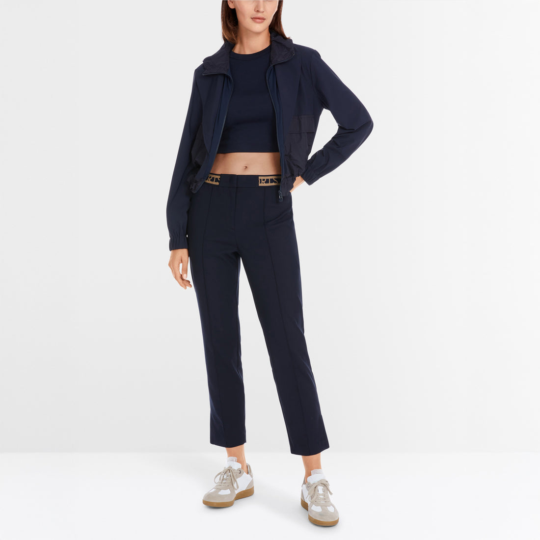 Elastic Waistband Slim Trousers - Navy