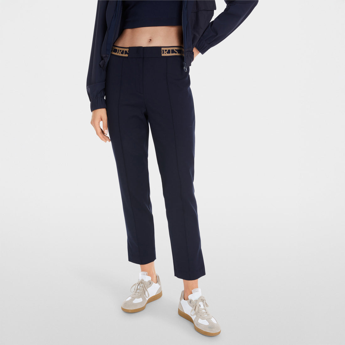 Elastic Waistband Slim Trousers - Navy