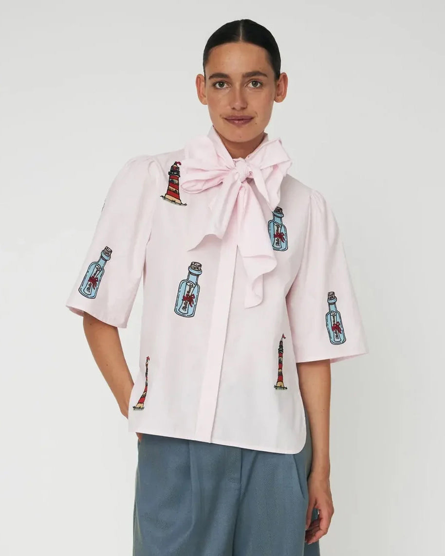 Embroidered Bow Shirt - Pale Pink