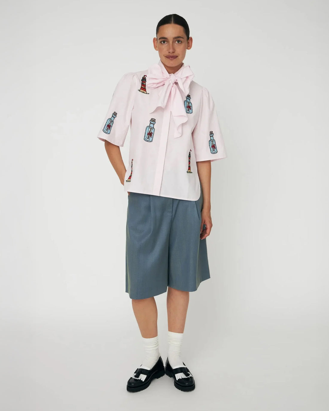 Embroidered Bow Shirt - Pale Pink