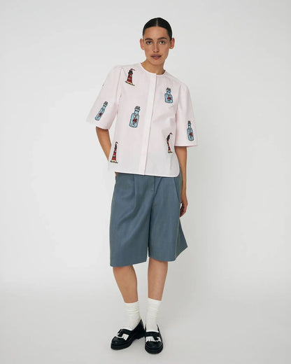 Embroidered Bow Shirt - Pale Pink