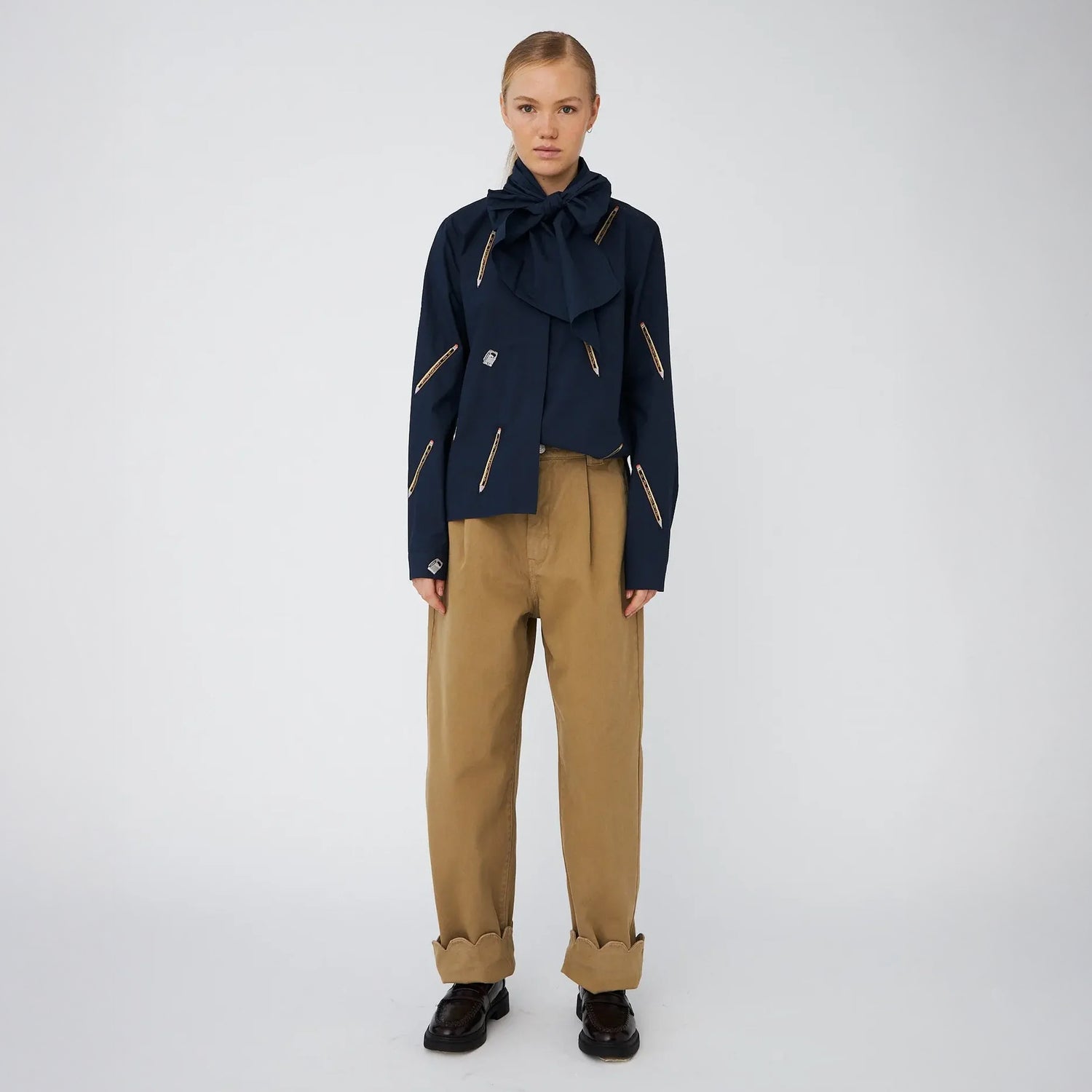 Embroidered Cotton Bow Shirt - Navy