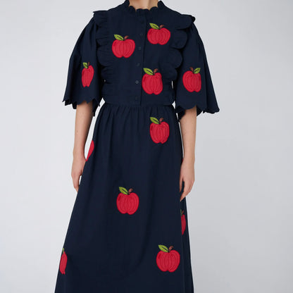Embroidered Cotton Midi Dress - Navy