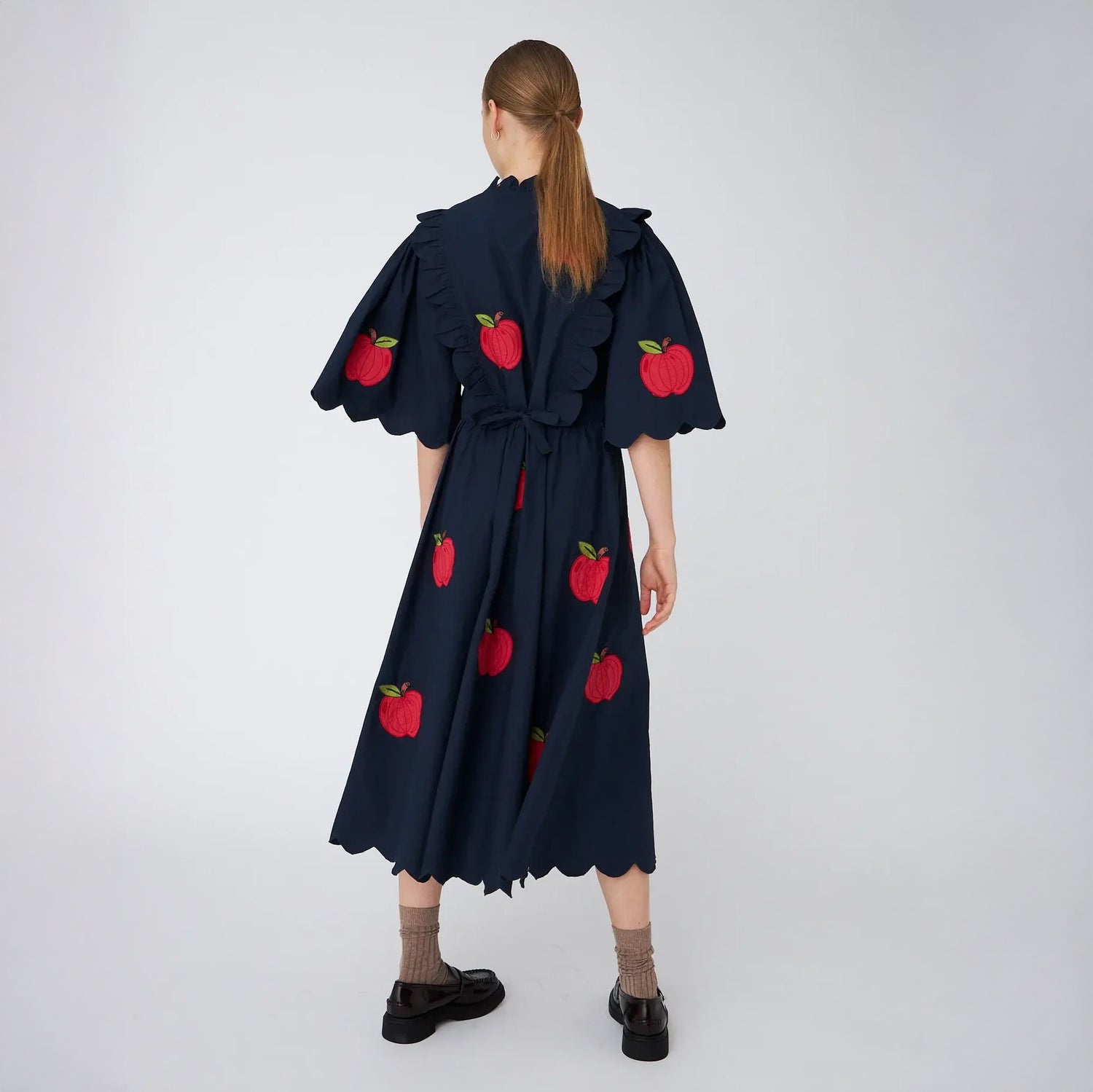 Embroidered Cotton Midi Dress - Navy