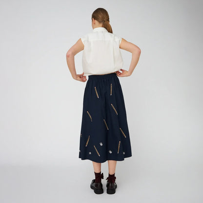 Embroidered Cotton Midi Skirt - Navy