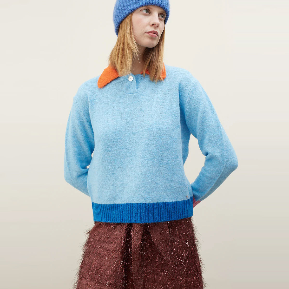 Danza Contrast Collar Jumper - Blue Red