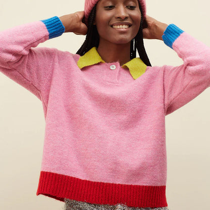 Danza Contrast Collar Jumper - Pink Yellow