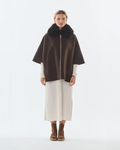 Faux Fur Collared Cape - Wool Blend - Brown
