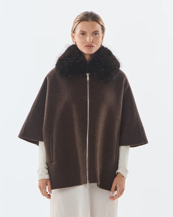 Faux Fur Collared Cape - Wool Blend - Brown