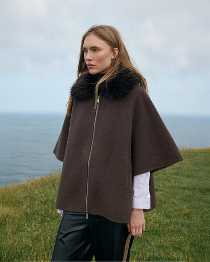 Faux Fur Collared Cape - Wool Blend - Brown
