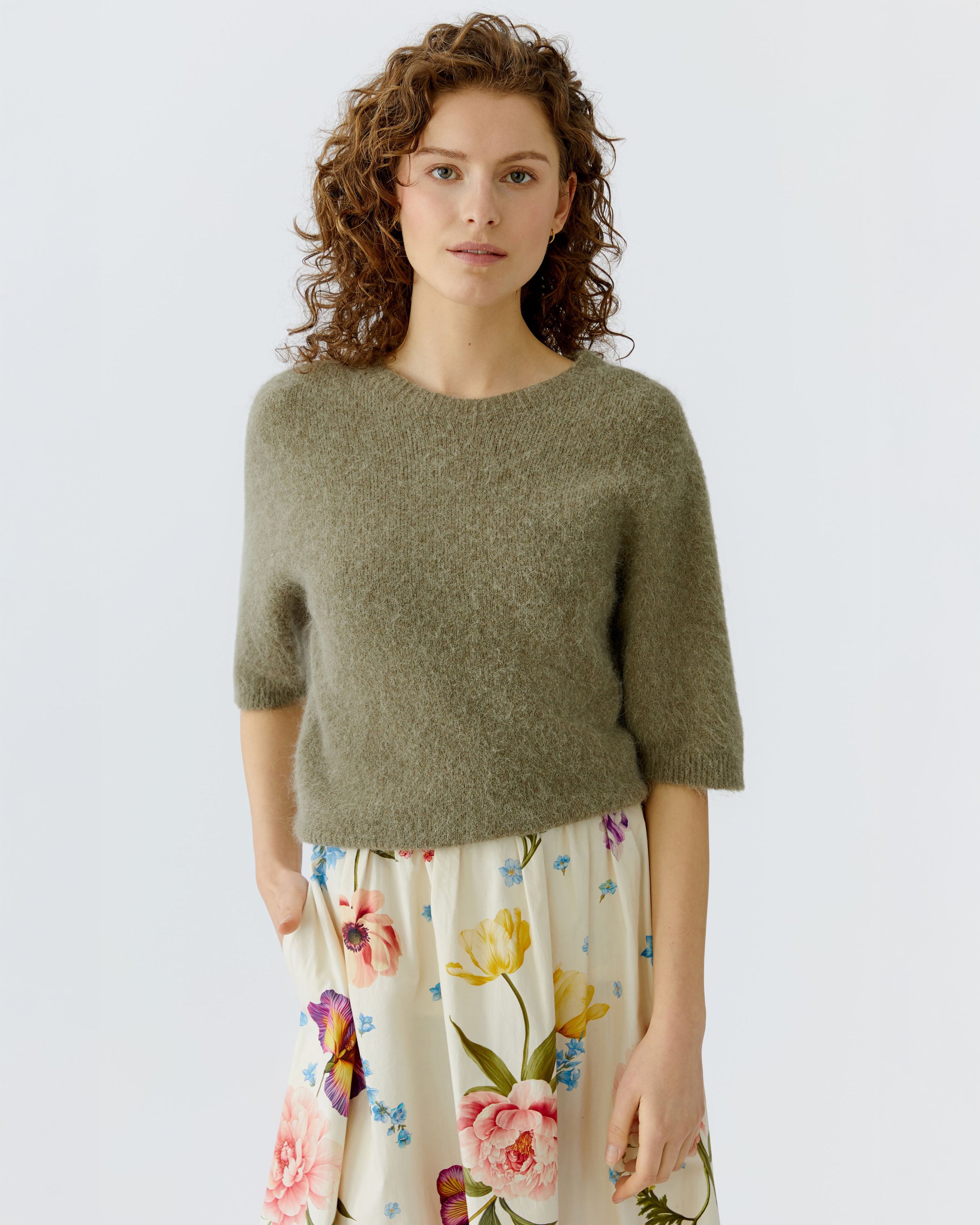 Fluffy Short Sleeve Knit Jumper - Green Garden
