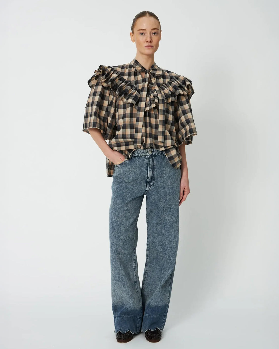 Frill Checked Blouse - Beige/Black Checks
