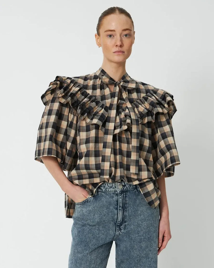 Frill Checked Blouse - Beige/Black Checks