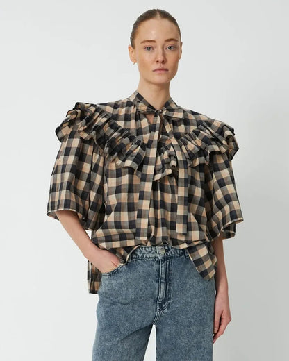 Frill Checked Blouse - Beige/Black Checks
