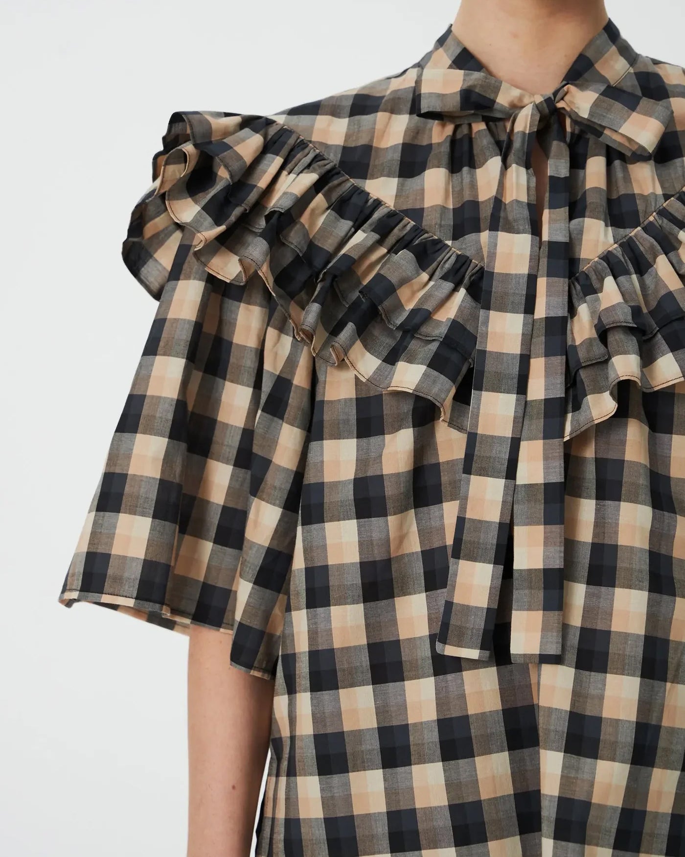 Frill Checked Blouse - Beige/Black Checks