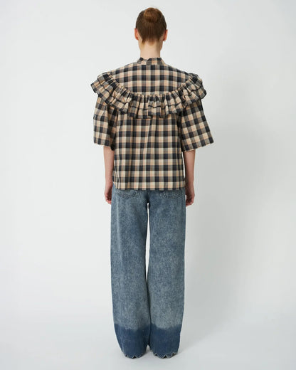 Frill Checked Blouse - Beige/Black Checks
