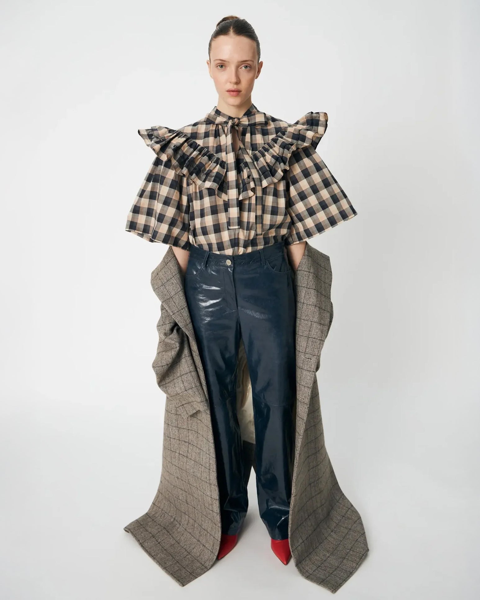 Frill Checked Blouse - Beige/Black Checks