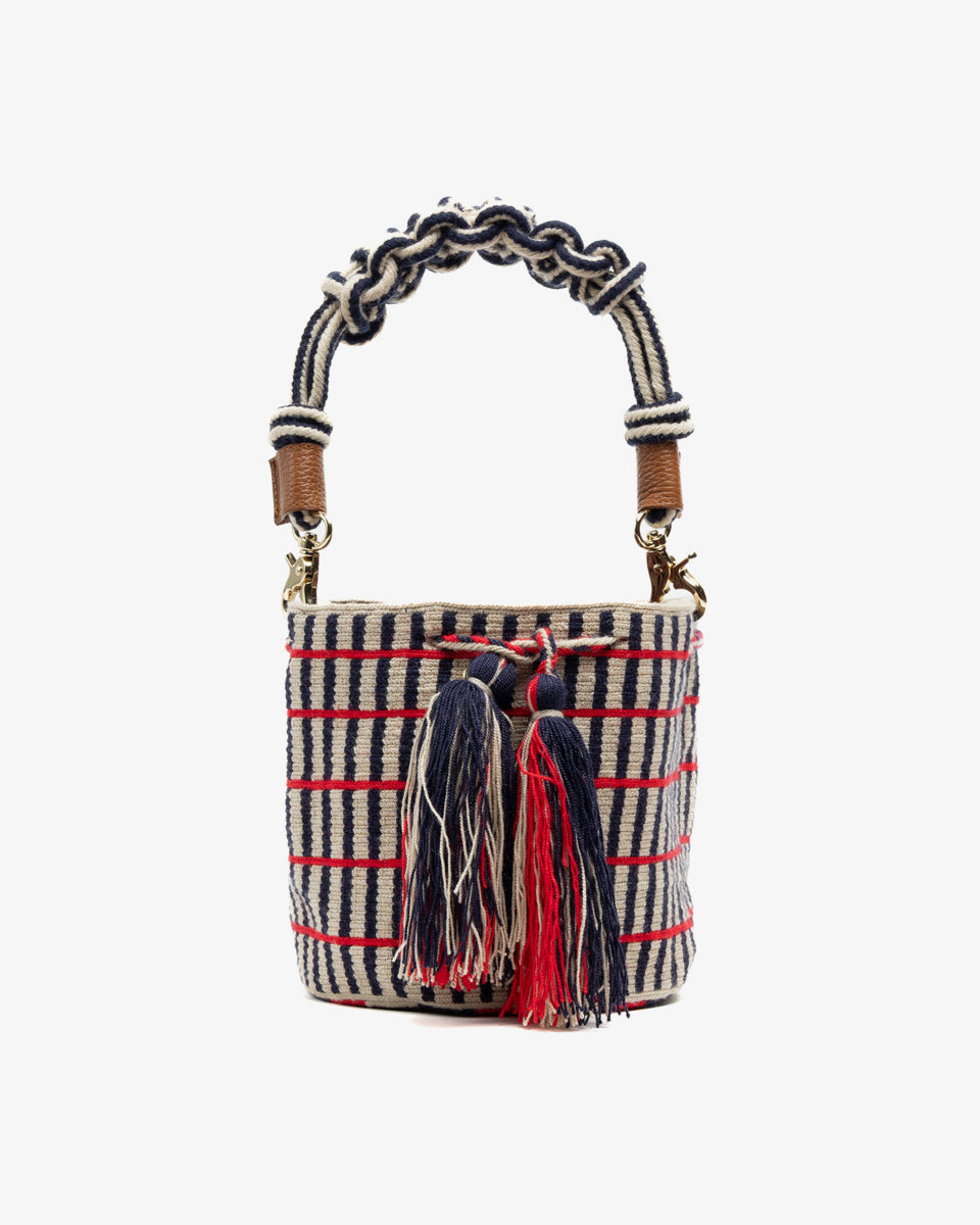 Crossbody Bag With Macrame Handle - Navy Orange Stripe