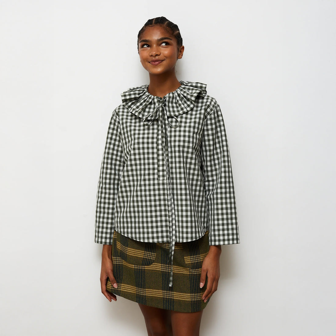 Heidi Check Frill Collar Shirt - Khaki
