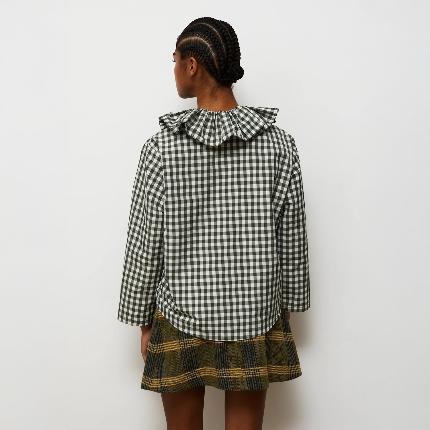 Heidi Check Frill Collar Shirt - Khaki