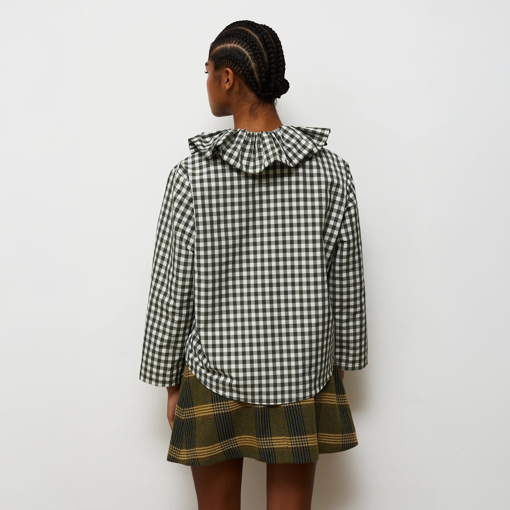 Heidi Check Frill Collar Shirt - Khaki