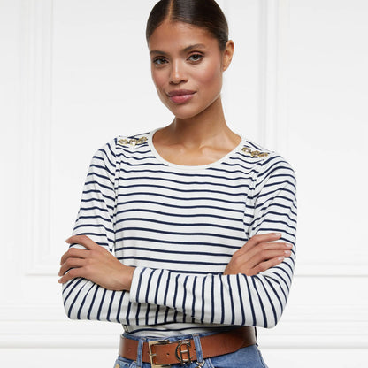 Padstow Long Sleeve Crew Neck Top - Natural Ink Navy Stripe