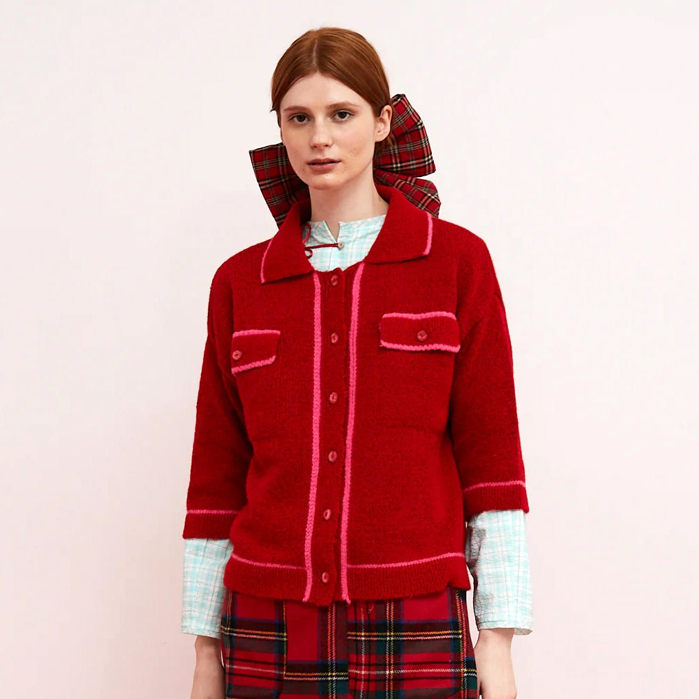 Hope Contrast Trim Cardi - Red