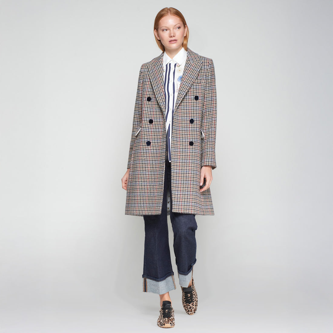 Houndstooth Wool Coat with Velvet Collar - Multi