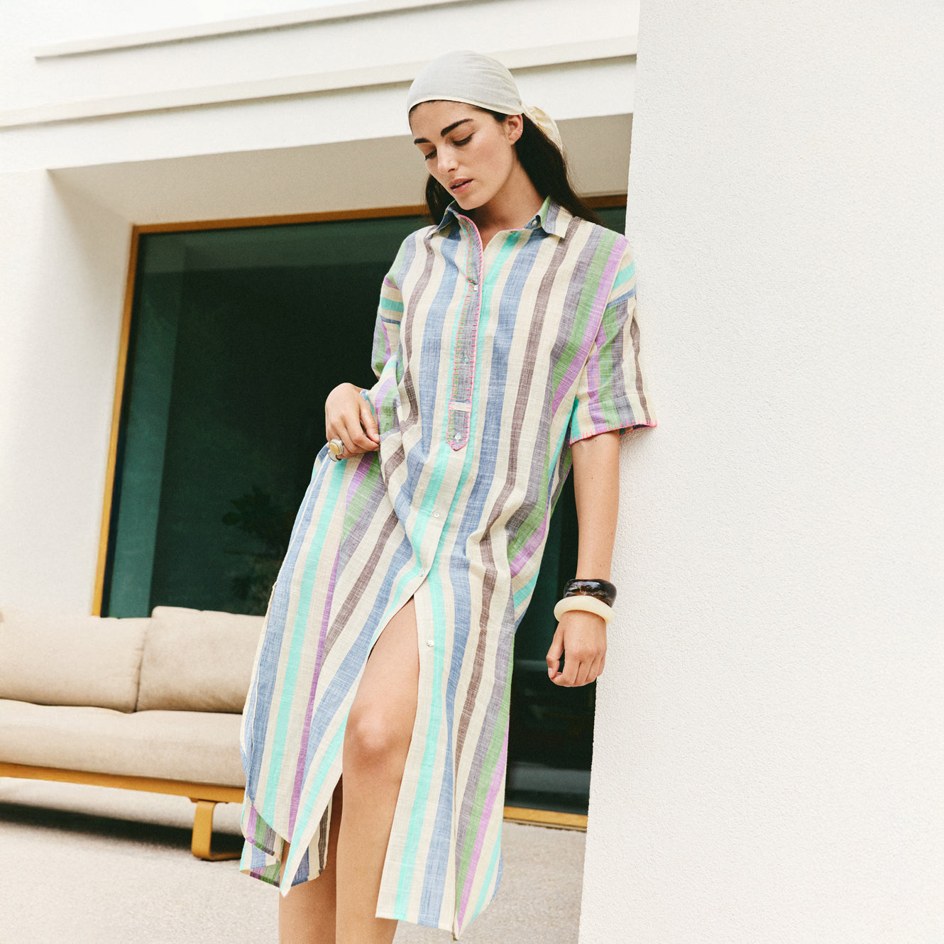 Ifaya Stripe Linen Kaftan Dress - Bleu