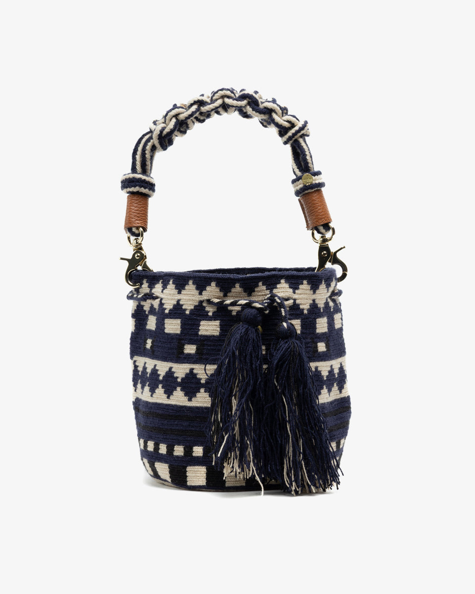 Crossbody Bag With Macrame Handle - Navy Ecru Diamond