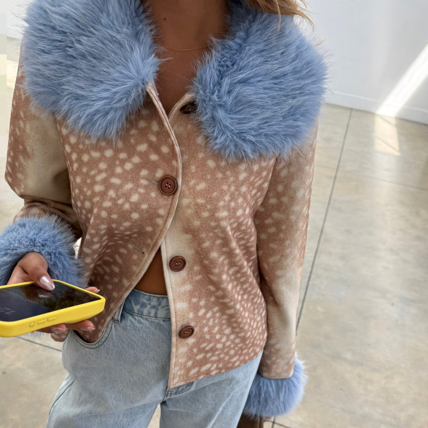 Deer Print Jacket With Blue Fur Trims - Beige