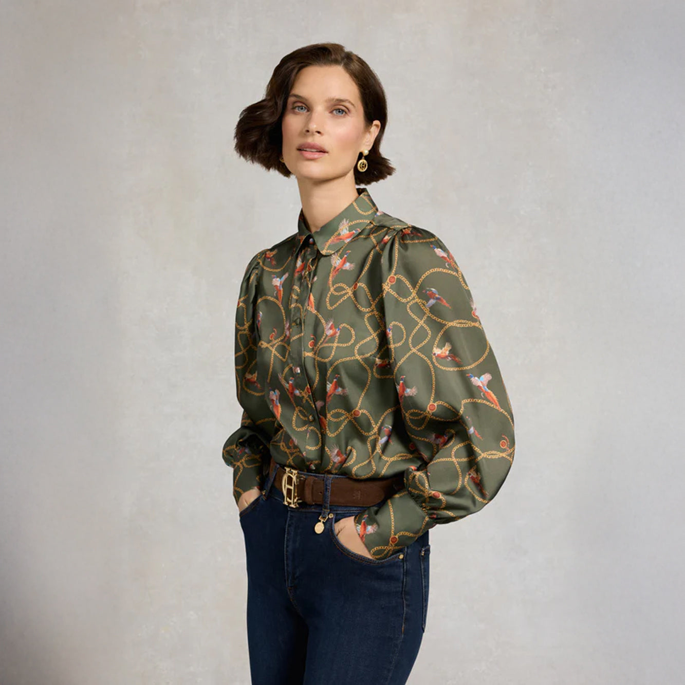 Isla Satin Shirt - Khaki Pheasant