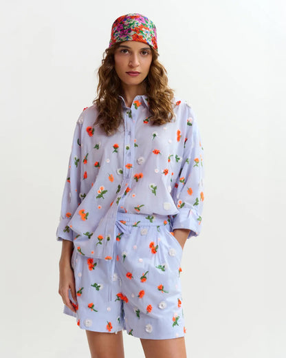 Jimena Embroidered Boxy Shirt - Nile Blue