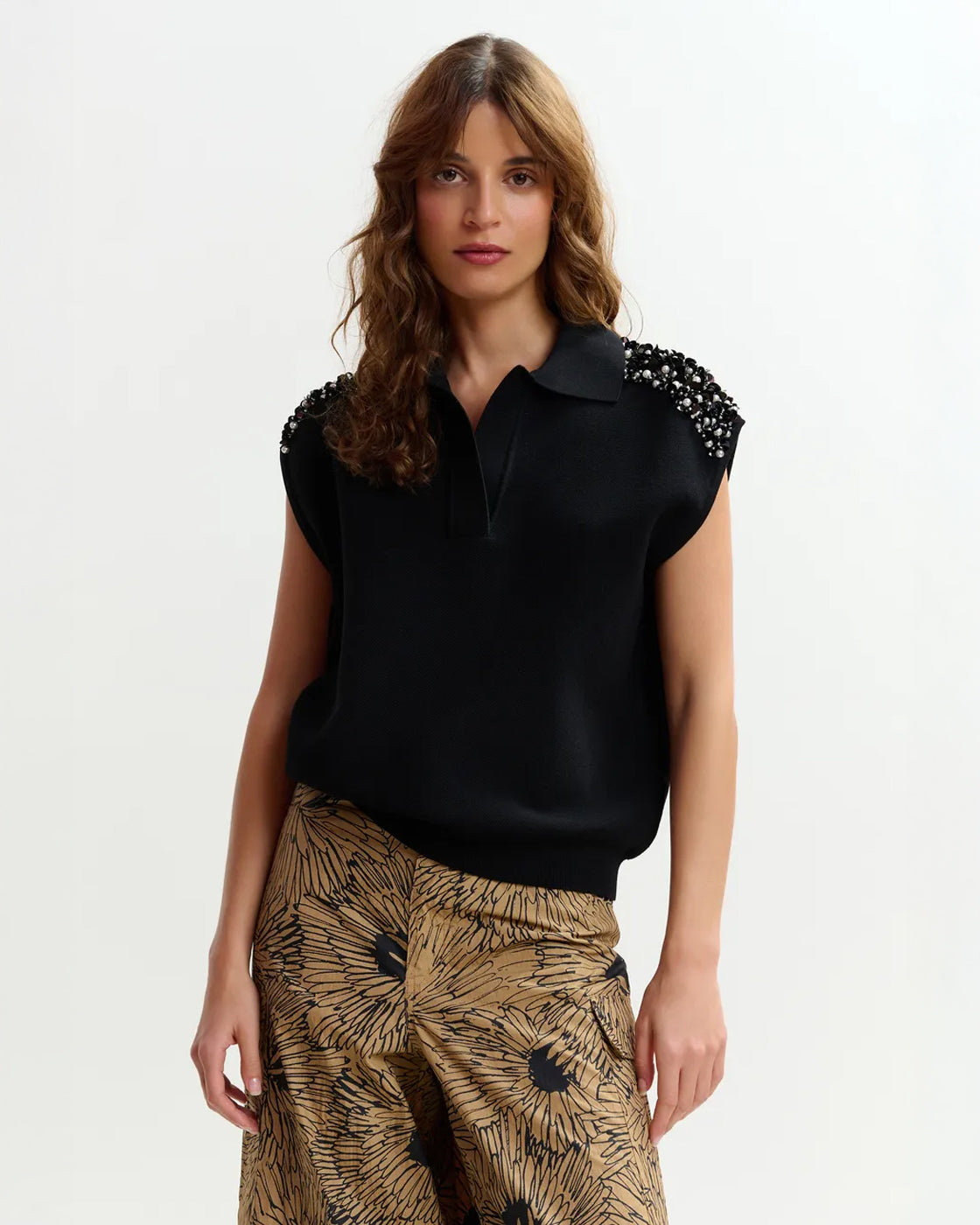 Joline Embroidered Knit Polo - Black