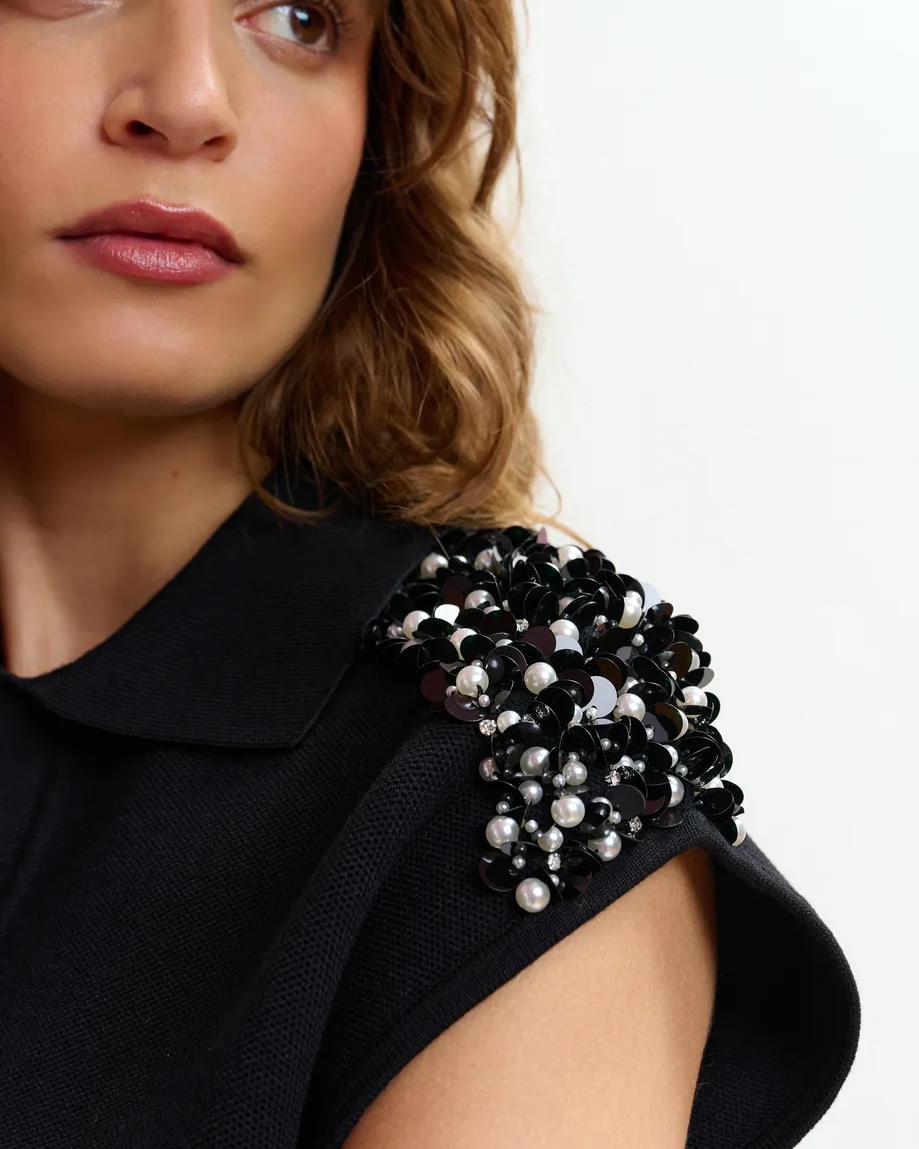 Joline Embroidered Knit Polo - Black