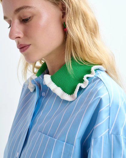 Joyful Crochet Collar Shirt - Basil Smash