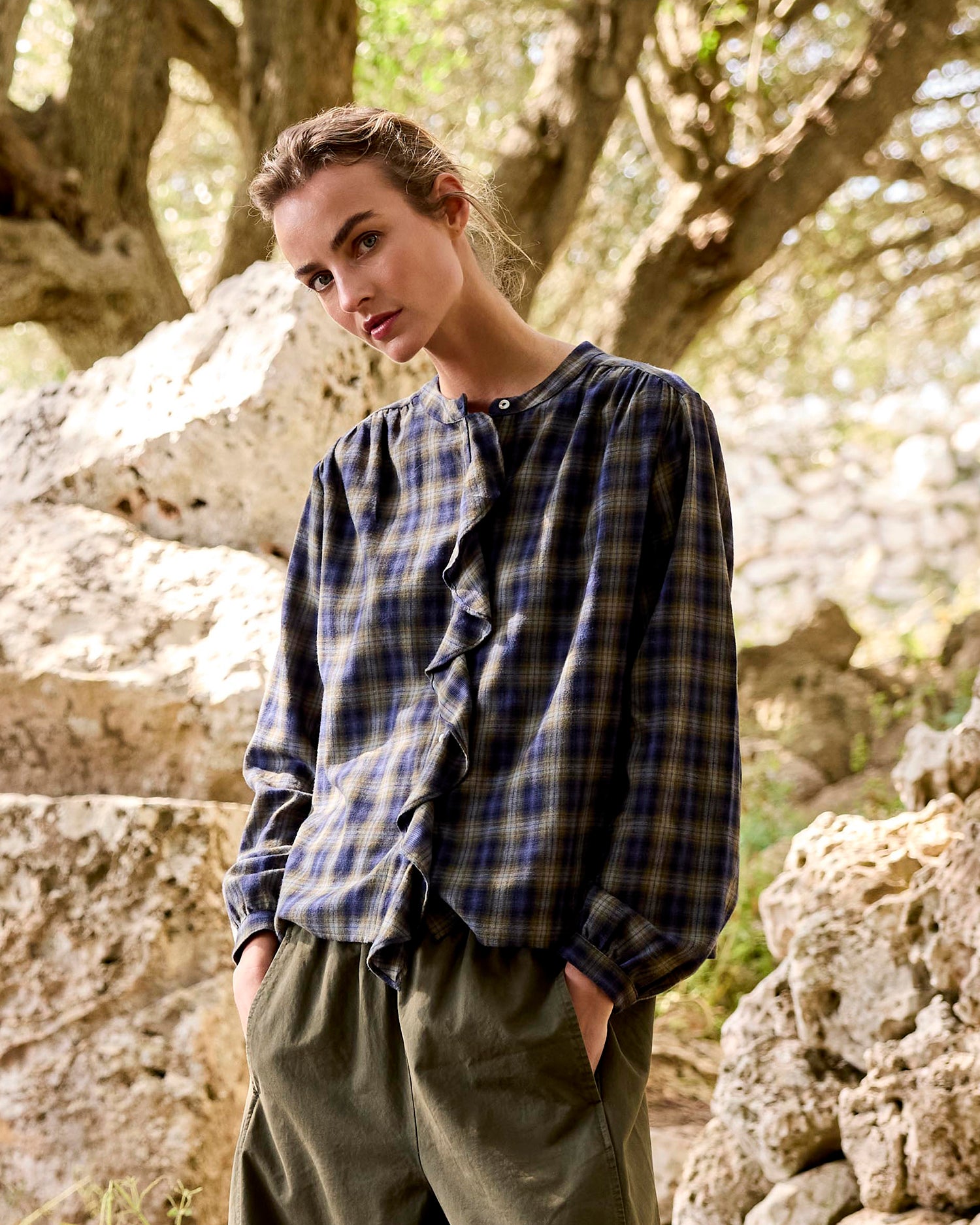 Parole Check Blouse - Blue Sand Check