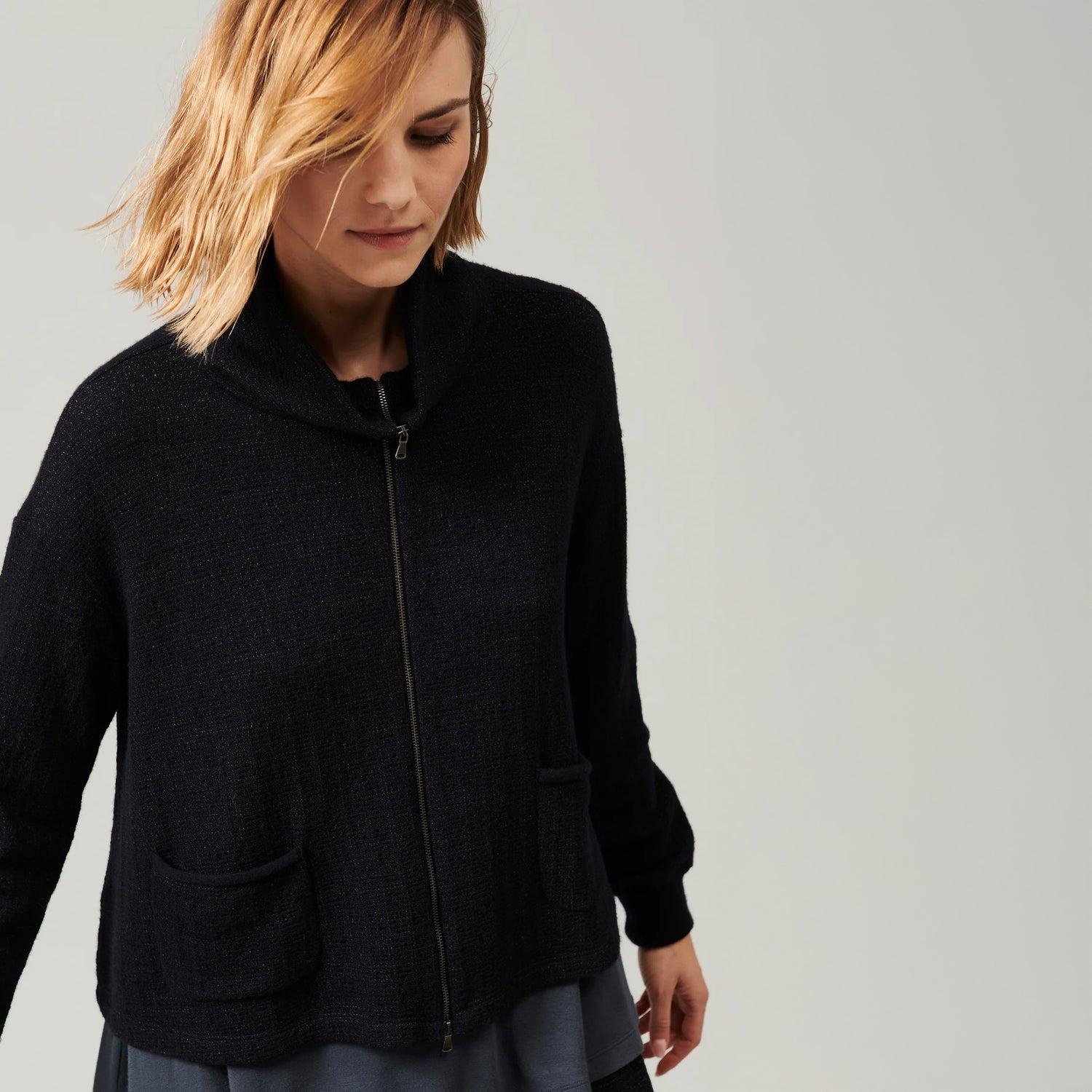 Knit Zip Through Jacket - Navy Blue