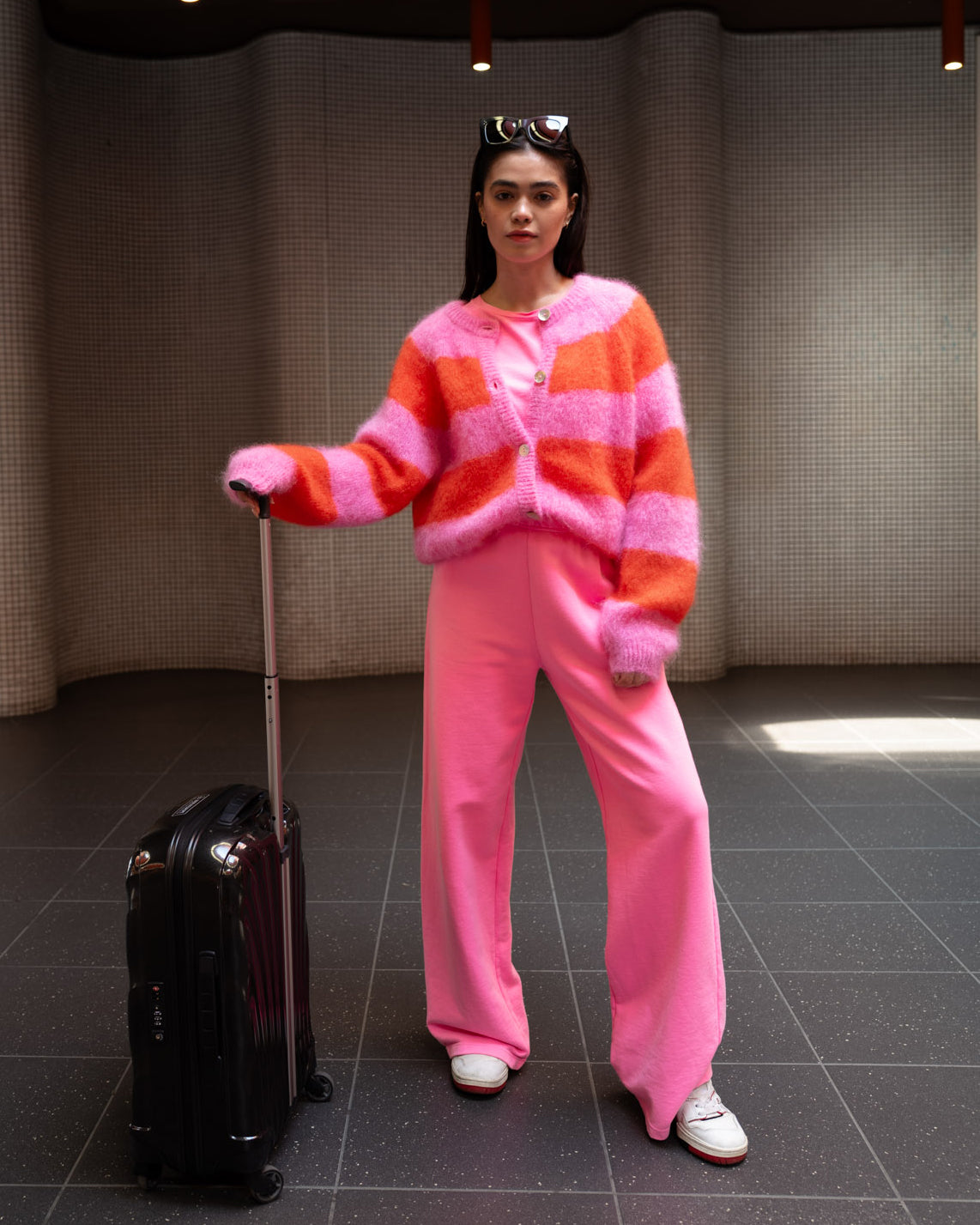 Timea Striped Buttoned Round Neck Long Sleeve Cardigan - Bubblegum-Fire