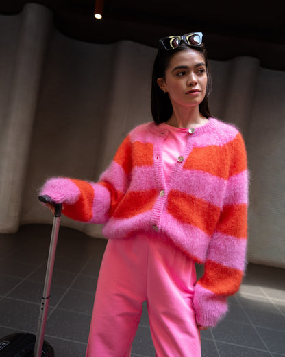 Timea Striped Buttoned Round Neck Long Sleeve Cardigan - Bubblegum-Fire