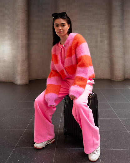 Timea Striped Buttoned Round Neck Long Sleeve Cardigan - Bubblegum-Fire
