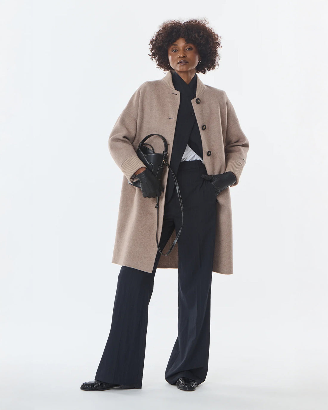 Mid Length Button Detail Coat - Cashmere/Wool - Taupe