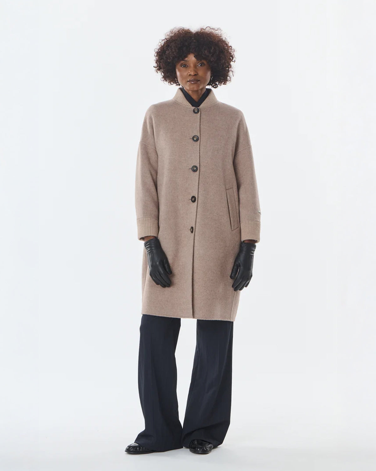 Mid Length Button Detail Coat - Cashmere/Wool - Taupe