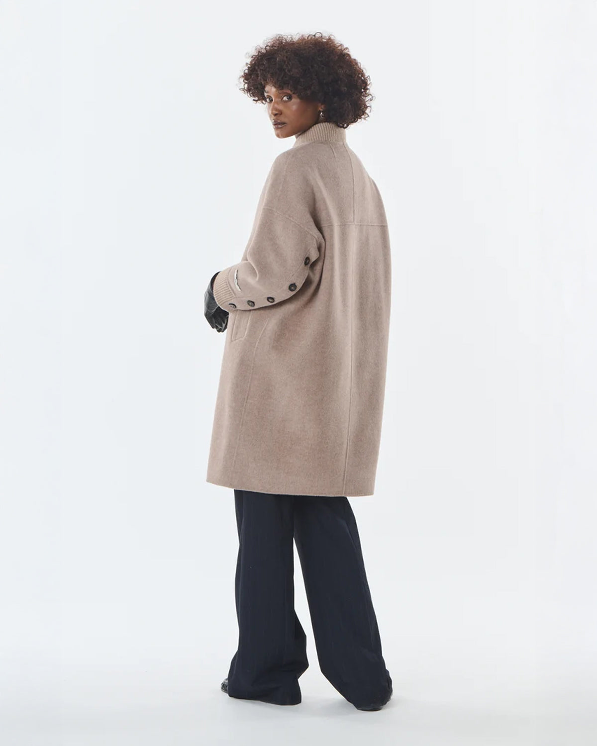 Mid Length Button Detail Coat - Cashmere/Wool - Taupe