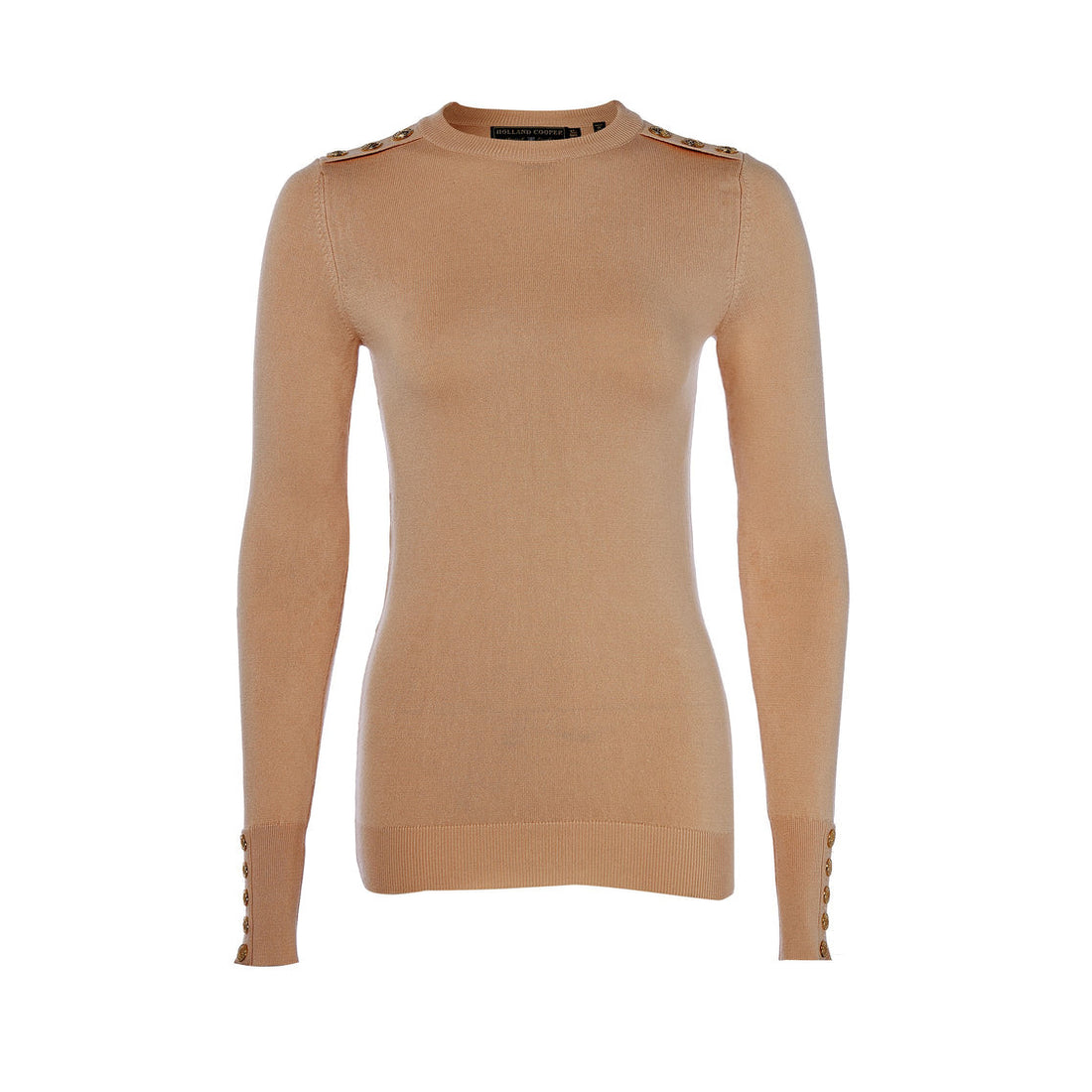 Buttoned Knit Crew Neck - Dark Camel