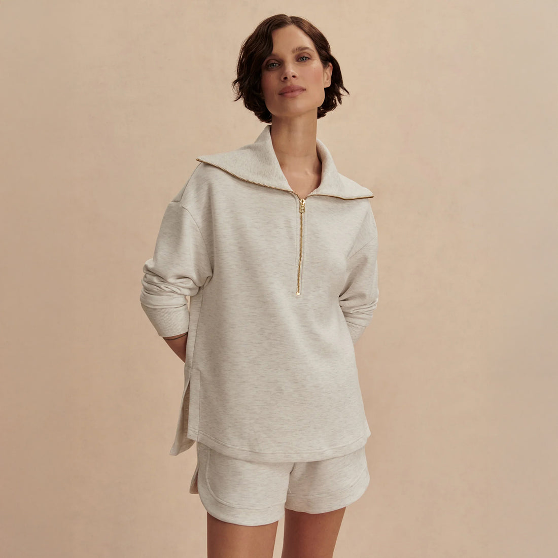 Larson Half Zip Sweat - Ivory Marl