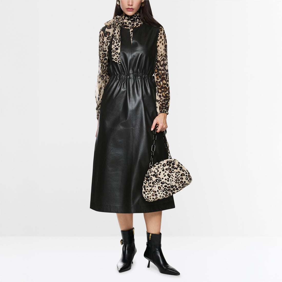 Leather Gather Waist Dress - Black