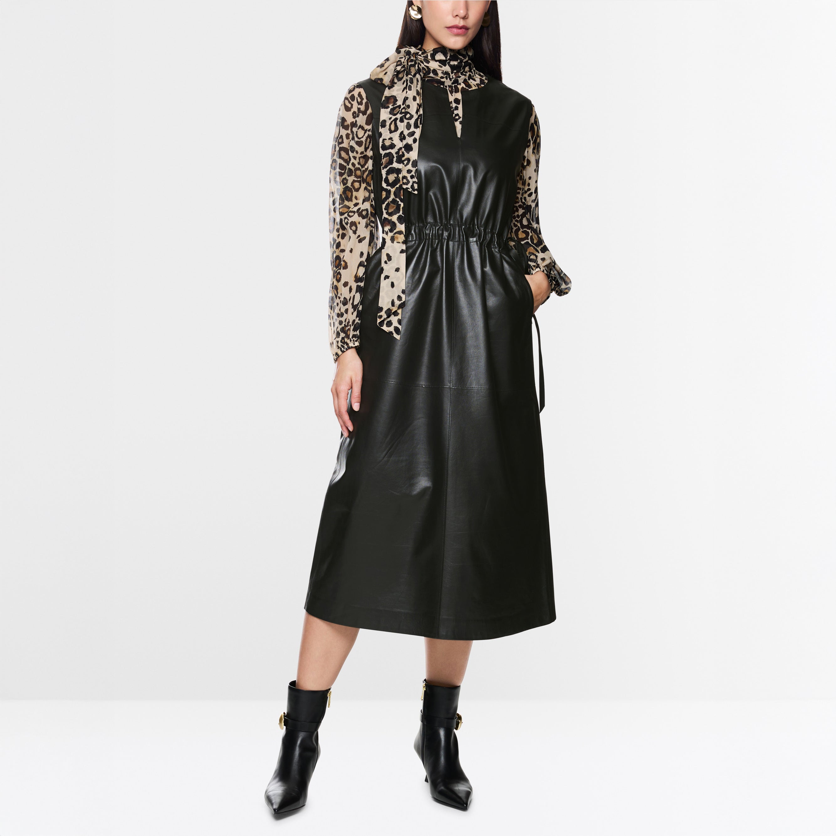 Leather Gather Waist Dress - Black