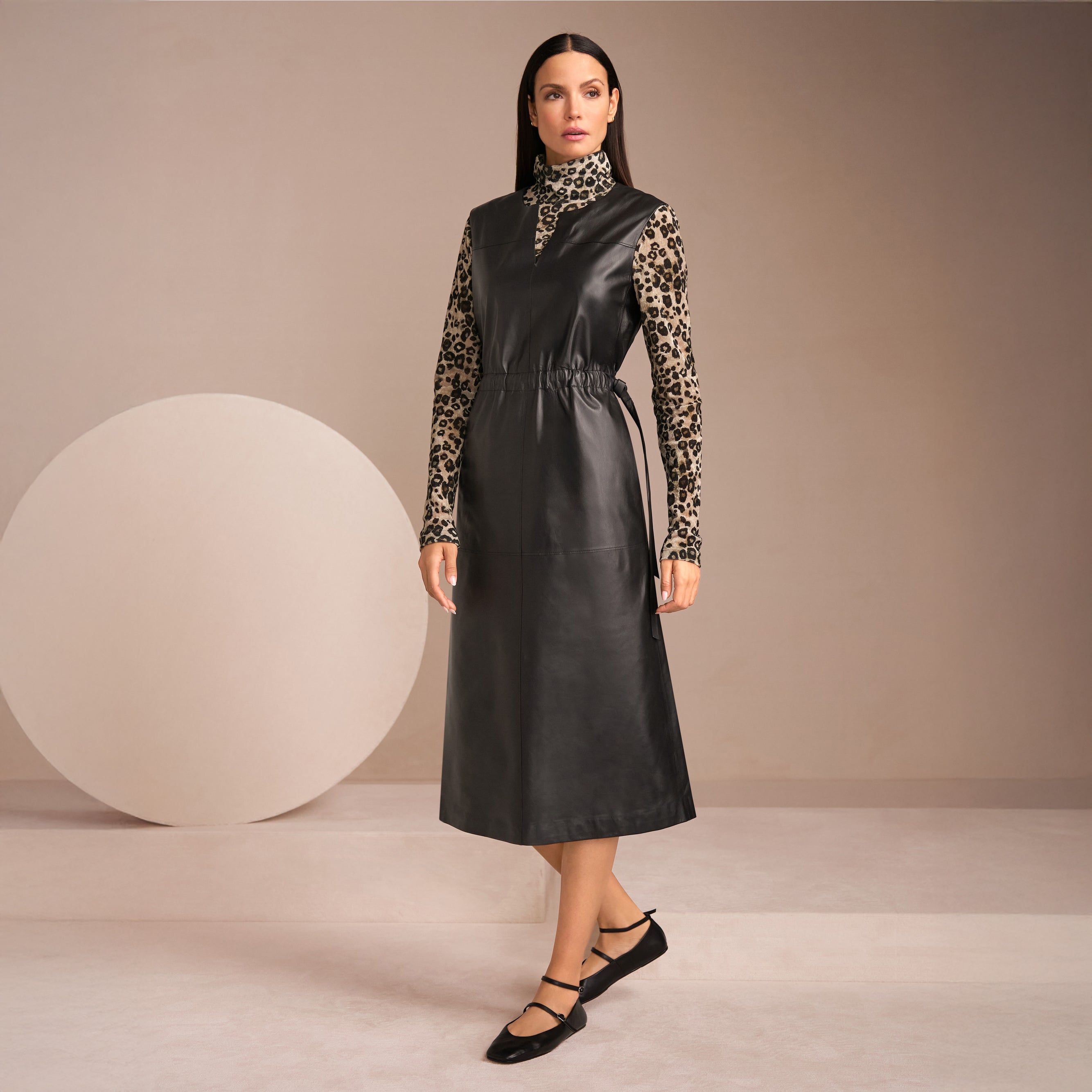 Leather Gather Waist Dress - Black